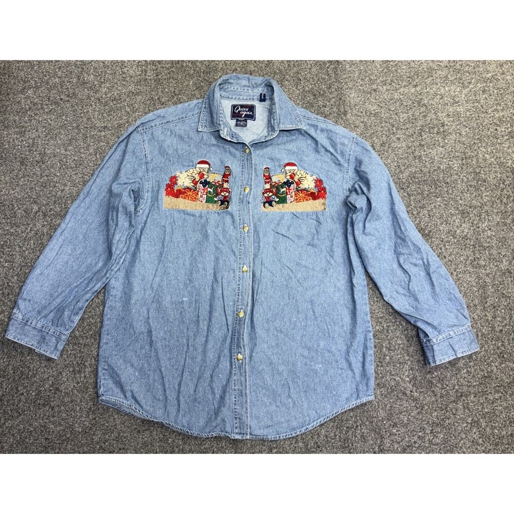Vtg Lets Quizz Again Christmas Embroidered Denim Button Down Shirt Womens M Blue
